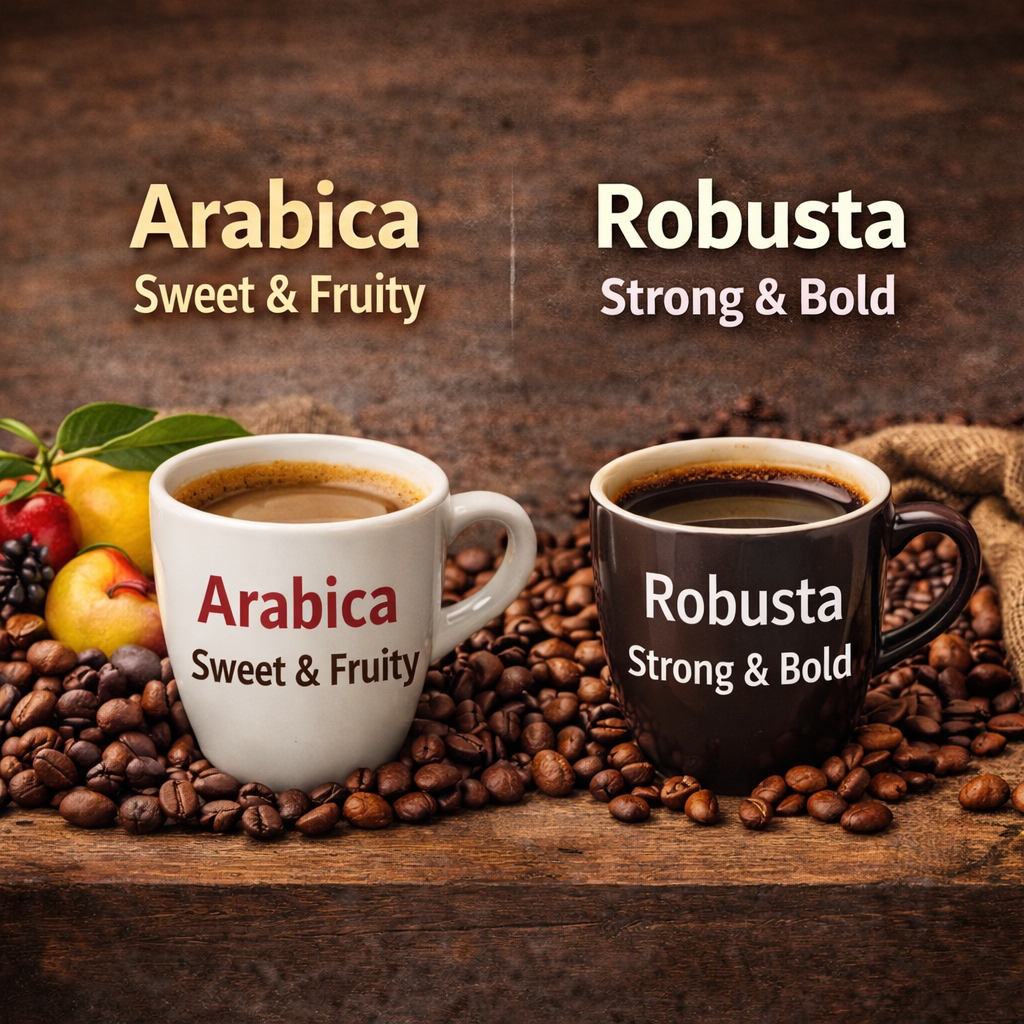 Arabica vs Robusta coffee beans comparison showing flavor and strength differences