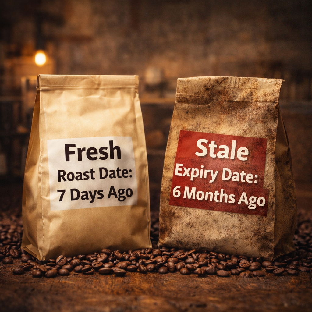 Fresh coffee beans compared with stale beans to show importance of roast date
