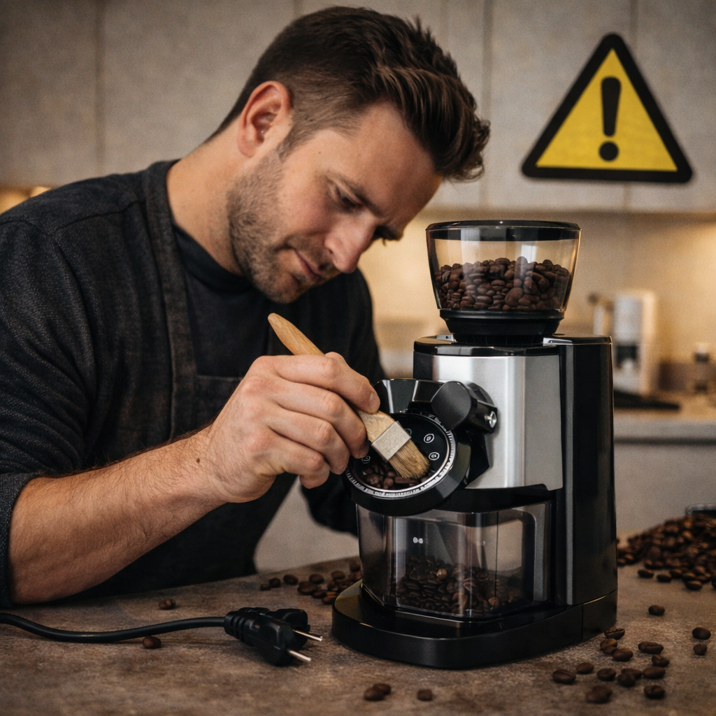 Home coffee brewing safety and maintenance tips including grinder cleaning