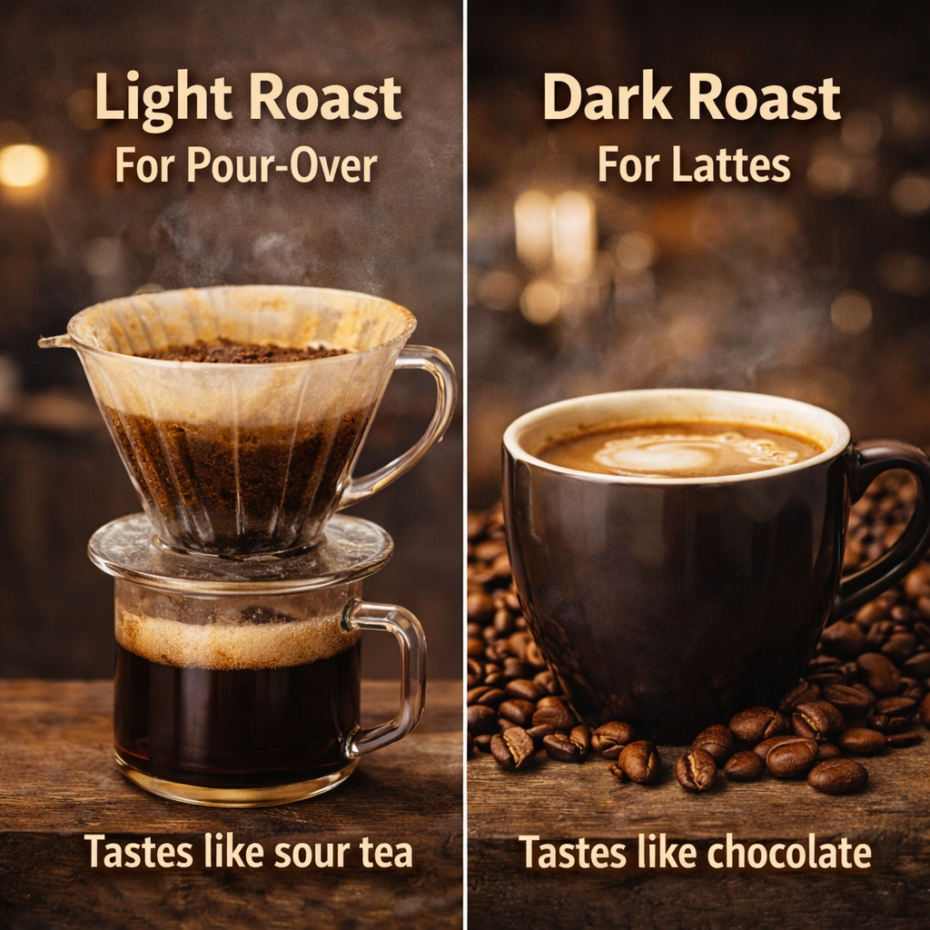Light roast vs dark roast coffee showing correct roast choice for different brewing methods