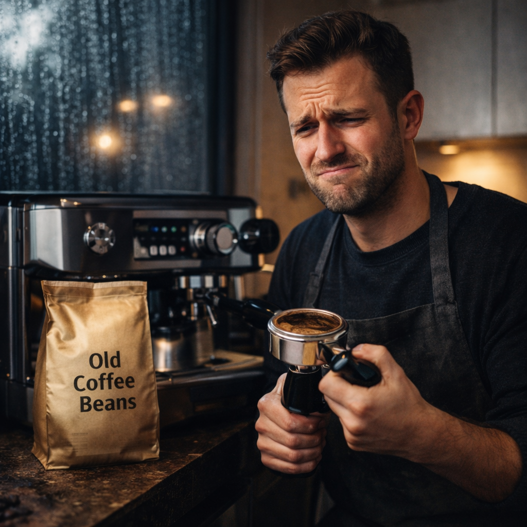 Frustrated coffee drinker realizing aesthetic coffee beans were stale and ruined the espresso taste